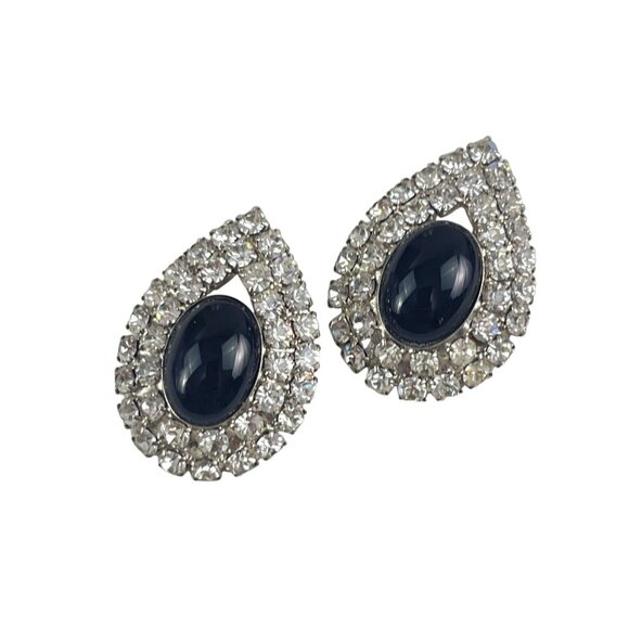Pear-Shaped Rhinestone & Black Stone Clip-On Earrings Party Wedding Glam Jewelry - Picture 4 of 7